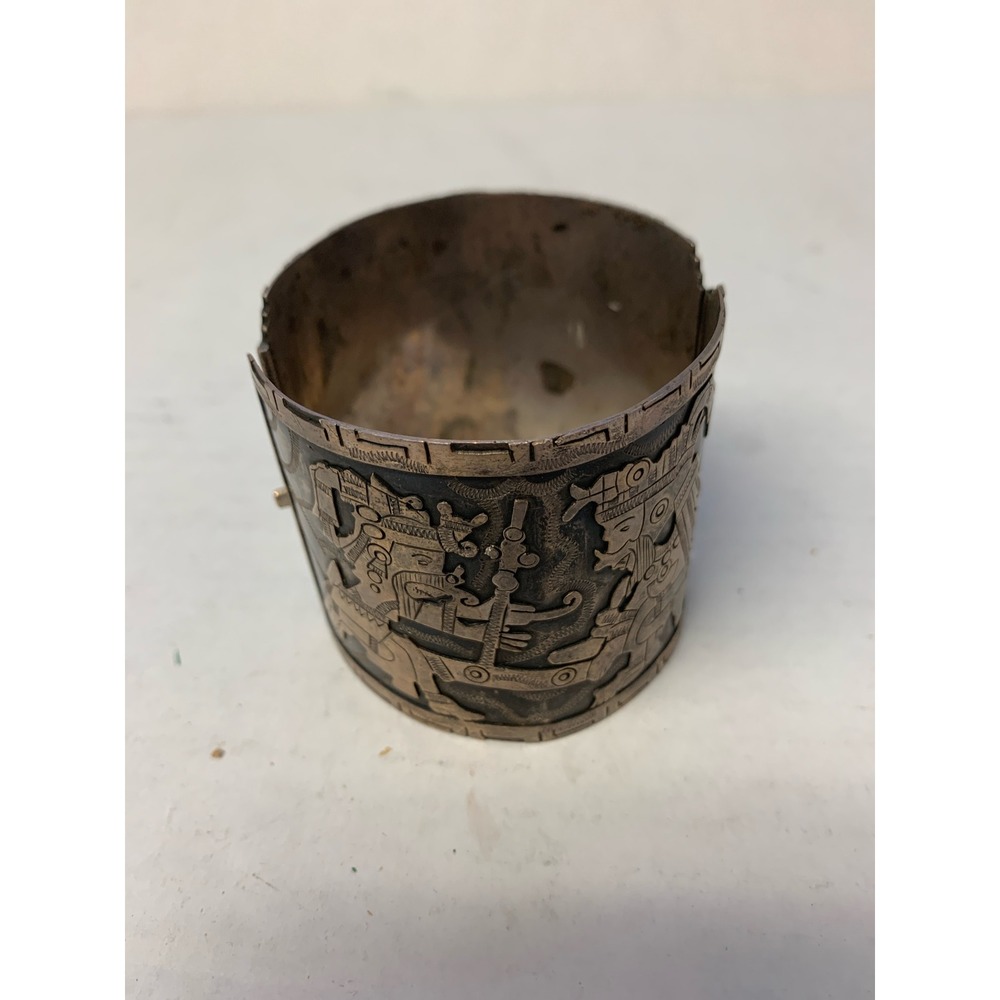 Vintage 1940s Mexico Sterling Silver Aztec Mayan Warrior Hinged Cuff Bracelet